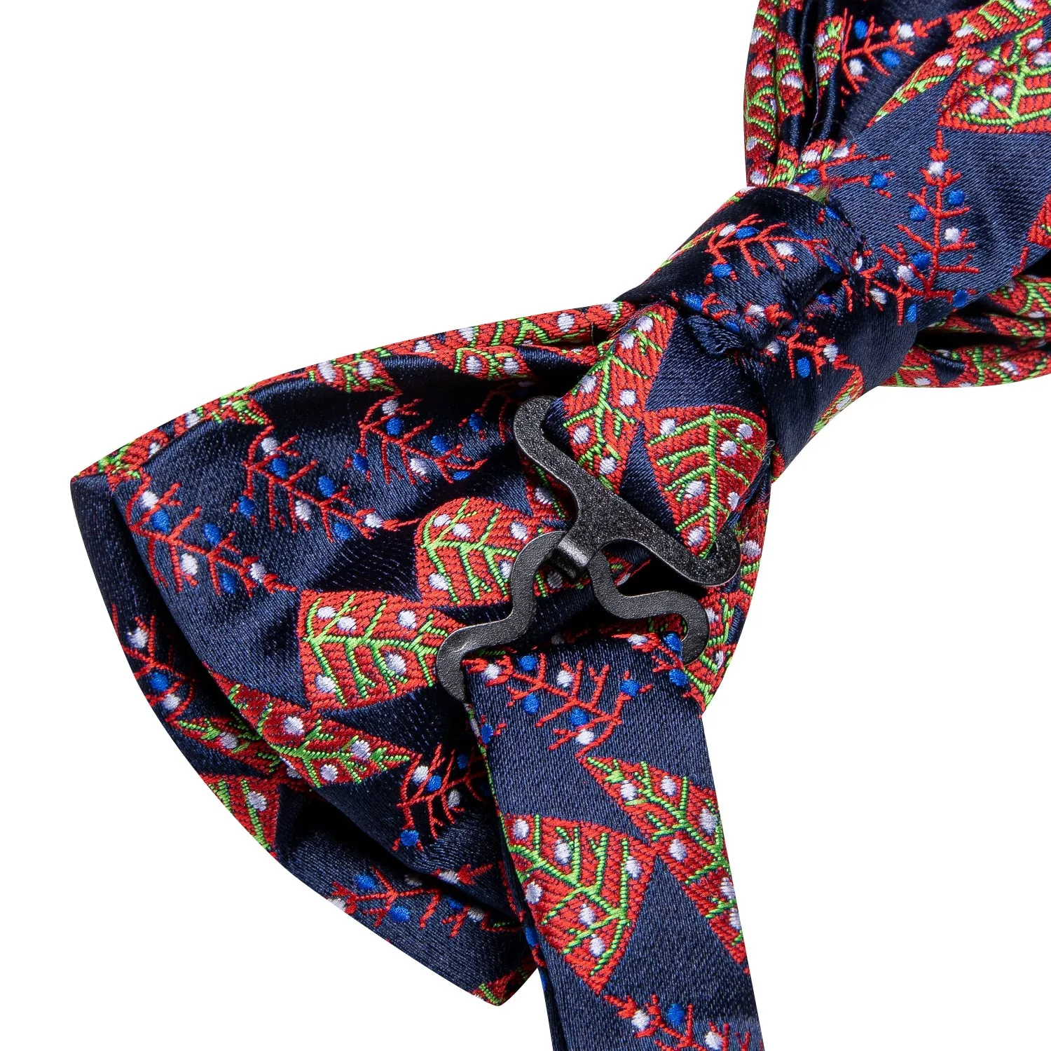 Hi-Tie Blue Red Christmas Tree Pre-tied Bow Tie Hanky Cufflinks Set