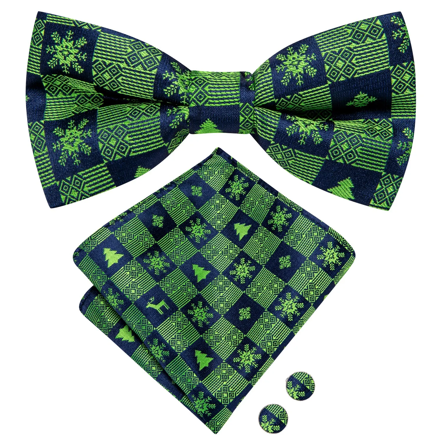 Hi-Tie Christmas Blue Green Snowflakes Bow Tie Hanky Cufflinks Set