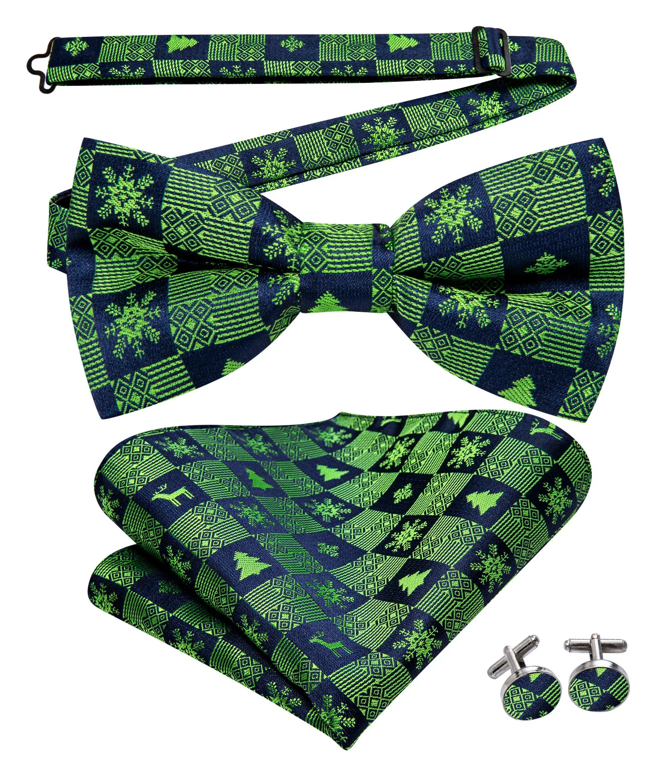 Hi-Tie Christmas Blue Green Snowflakes Bow Tie Hanky Cufflinks Set