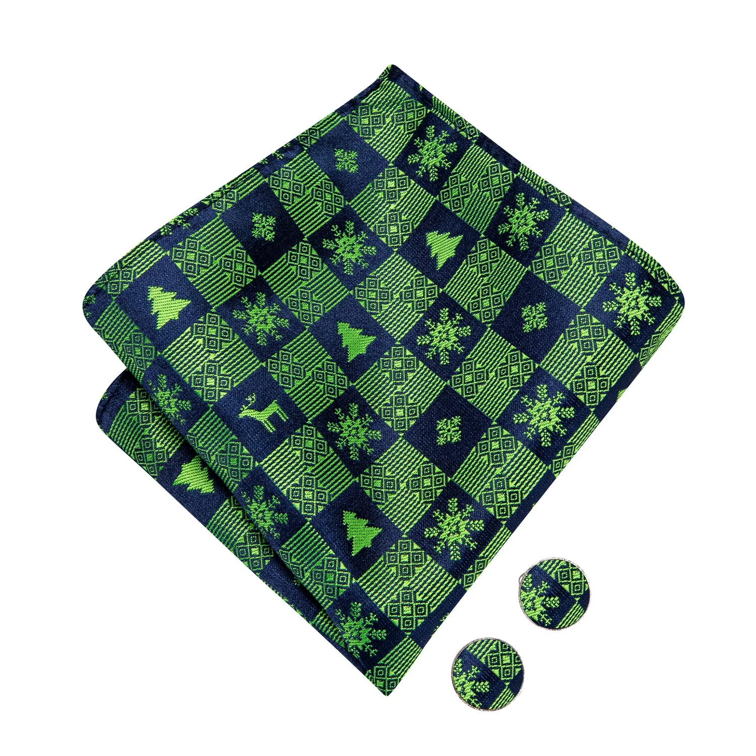 Hi-Tie Christmas Blue Green Snowflakes Bow Tie Hanky Cufflinks Set