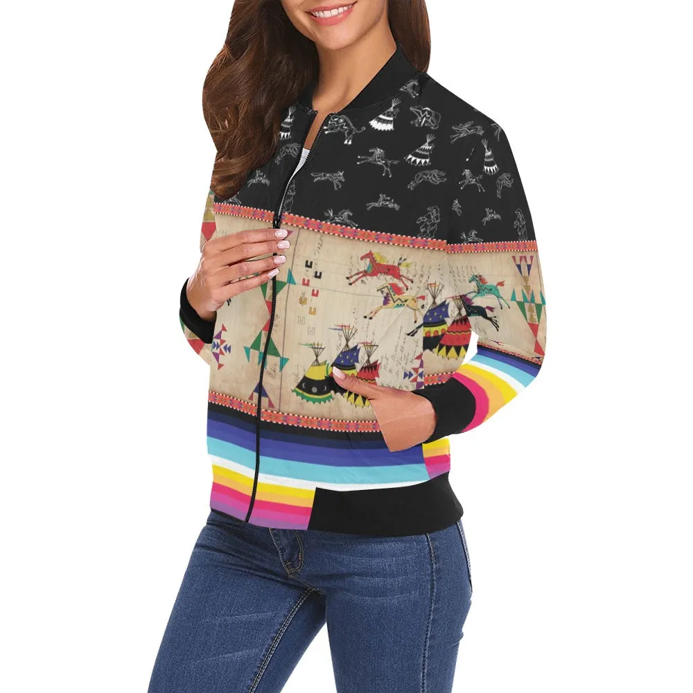 Horses Running Black Sky Bomber Jacket for Women