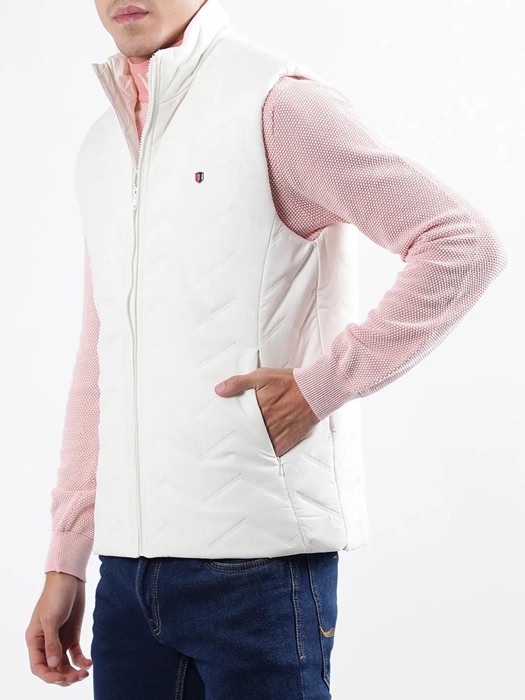 Iconic Men White Solid Stand Collar Jacket