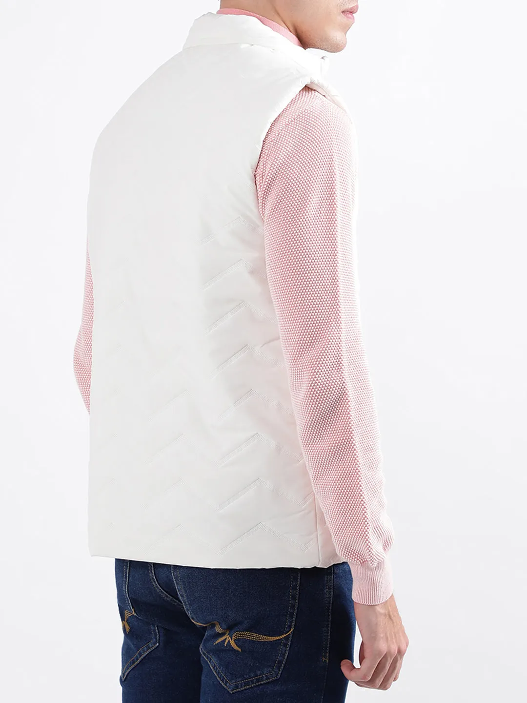 Iconic Men White Solid Stand Collar Jacket
