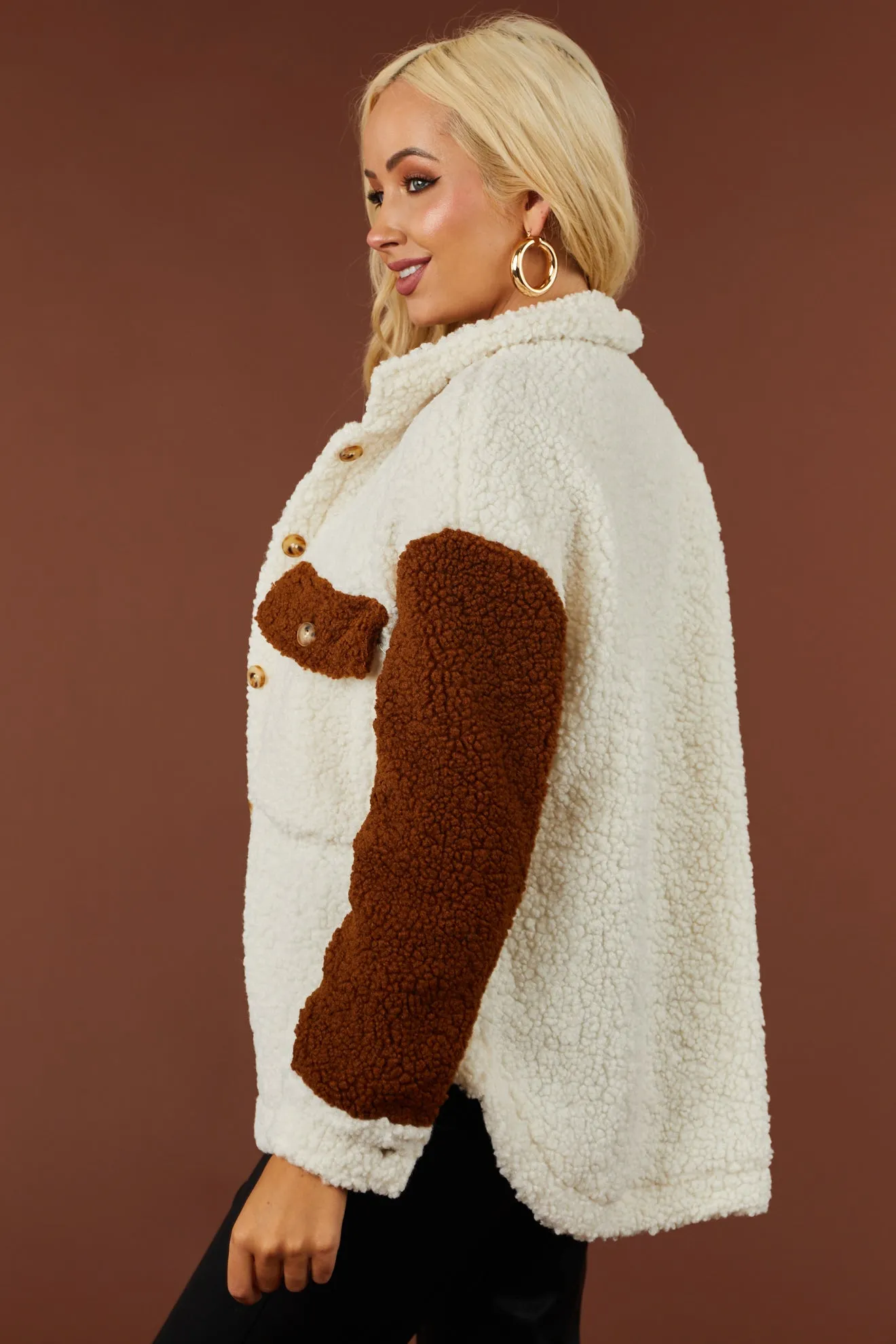 Ivory and Sepia Colorblock Button Up Sherpa Jacket