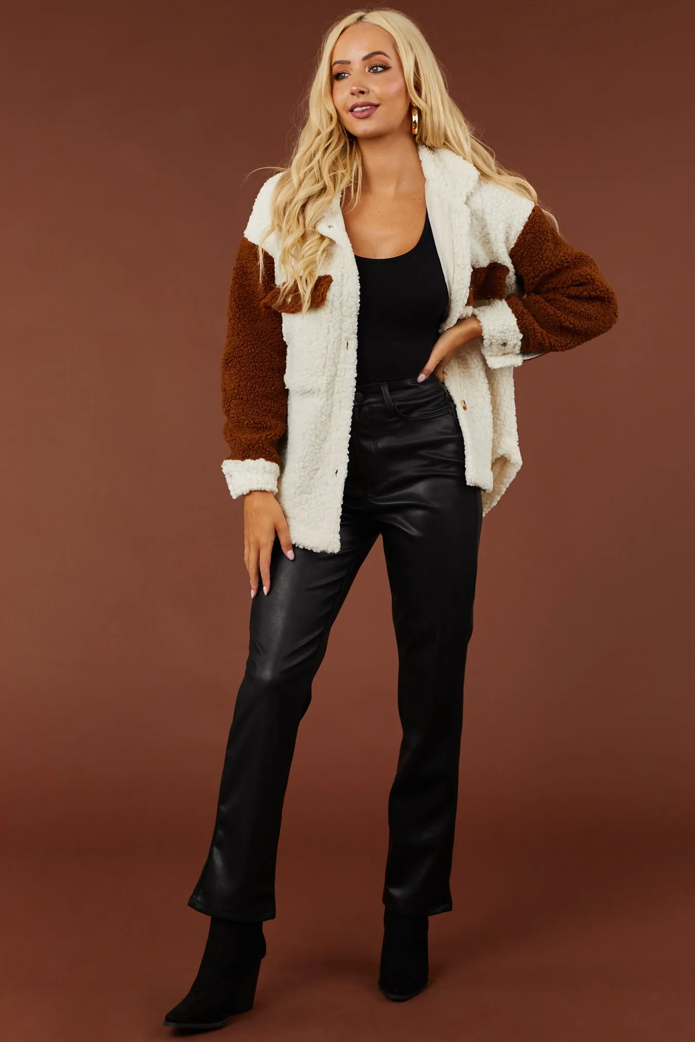 Ivory and Sepia Colorblock Button Up Sherpa Jacket