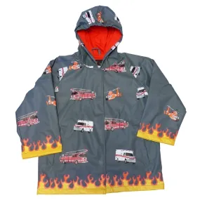 Little Boys Grey Fire Truck Print Hooded Raincoat 2T-6
