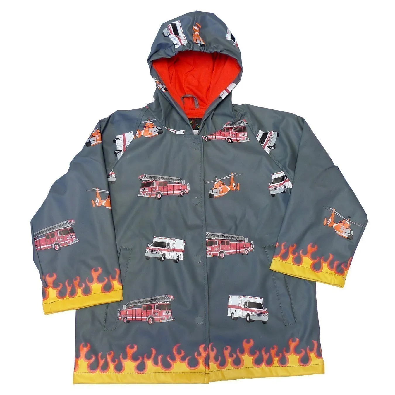 Little Boys Grey Fire Truck Print Hooded Raincoat 2T-6