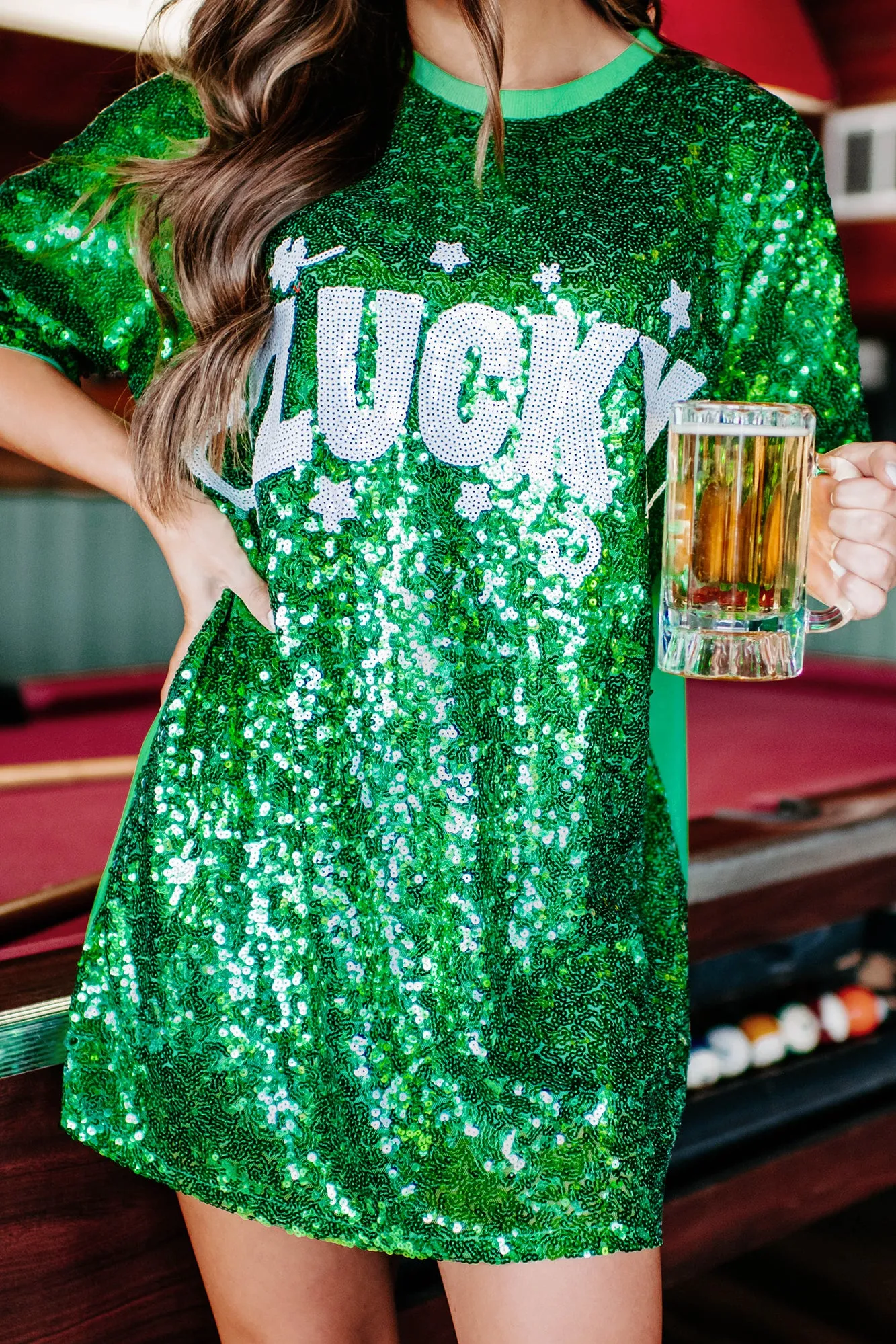 Luck's On My Side Sequin T-Shirt Dress (Green/White)