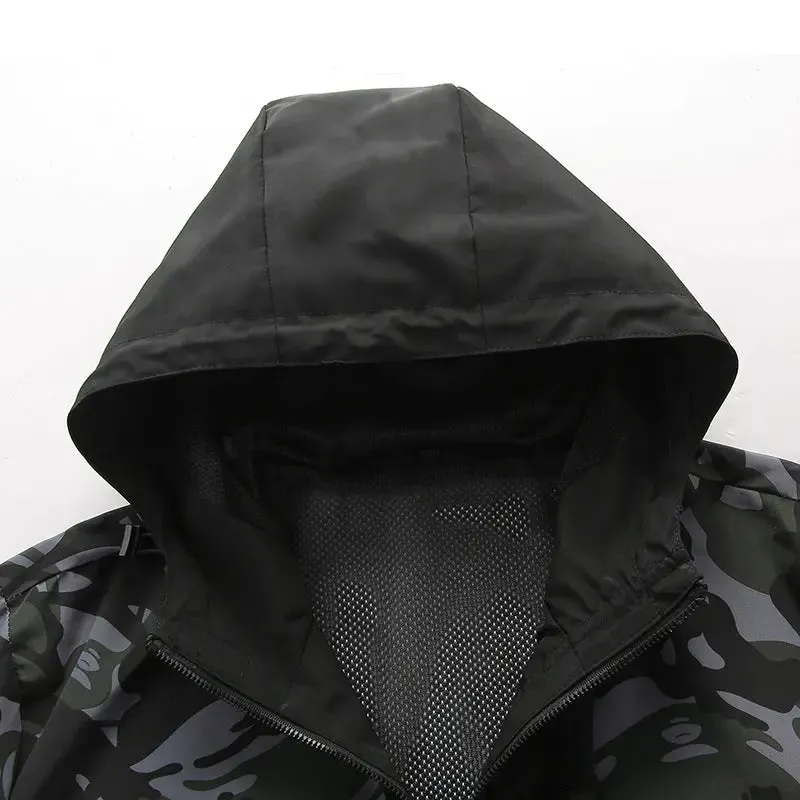Men's Lightweight Waterproof Hooded Rain Jacket Outdoor Raincoat Soft Shell Hiking Travel Fishing Camouflaged Jacket