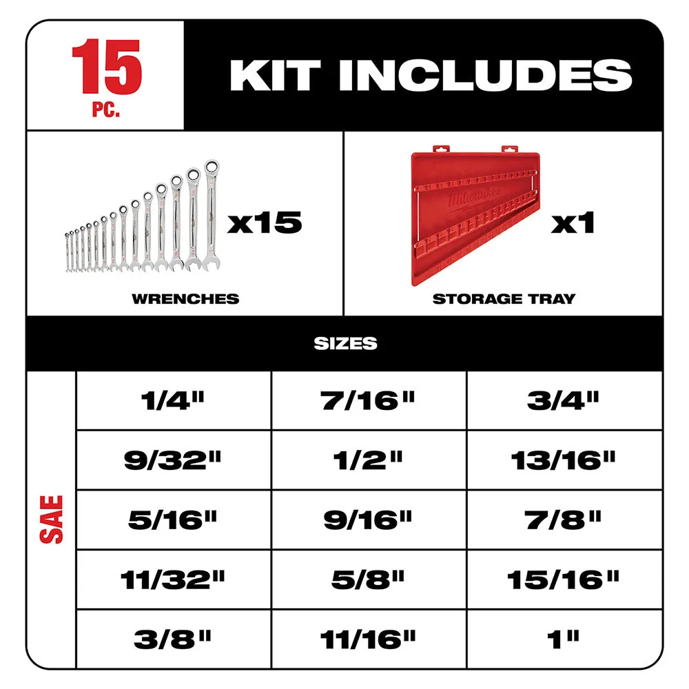 Milwaukee 48-22-9416 15 Piece Ratcheting Combination Wrench Set - SAE