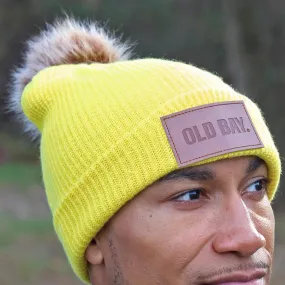 OLD BAY Leather Patch (Bright Yellow w/ Fur Pom) / Slouchy Knit Beanie Cap