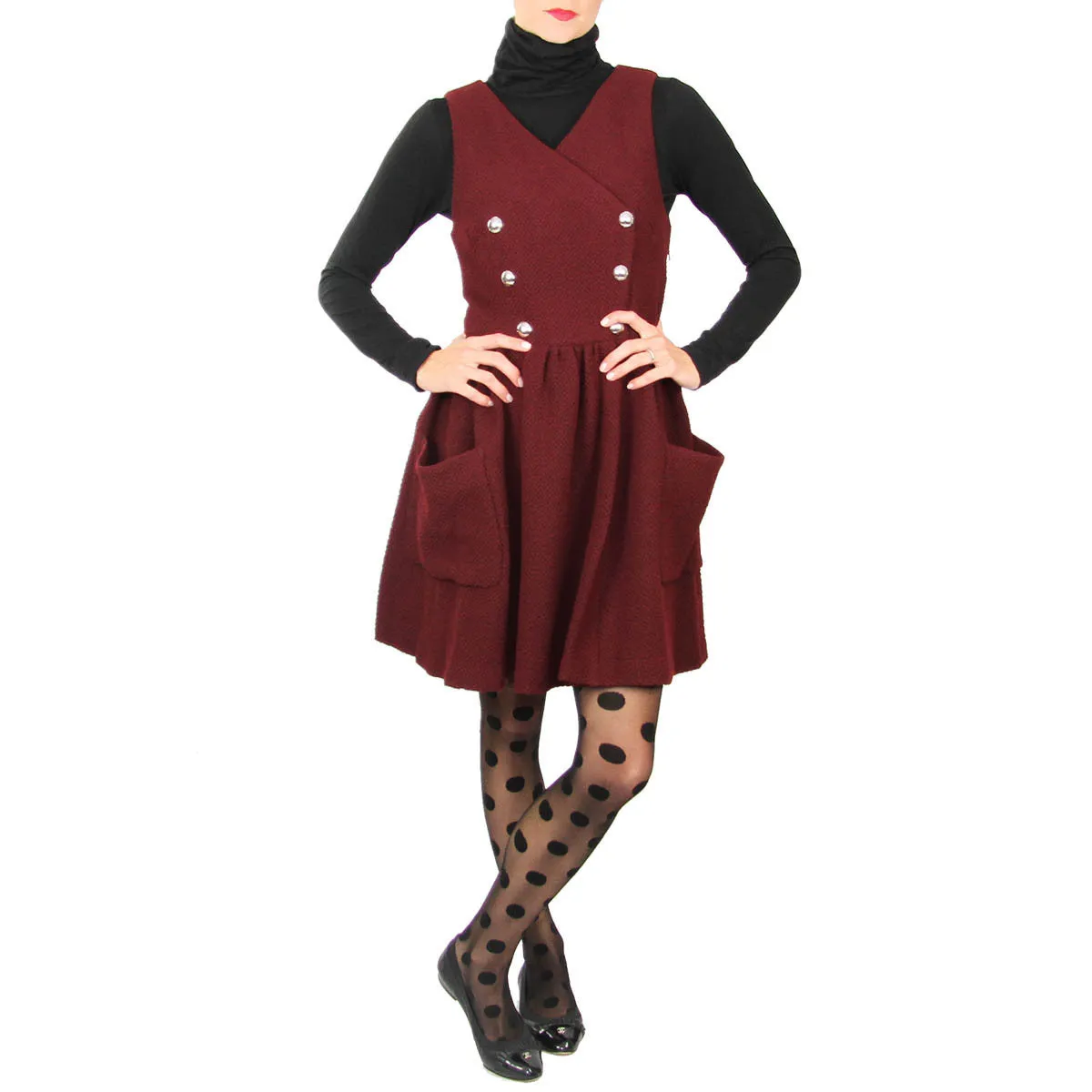 Oxblood Boucle Snap Front Jumper Dress