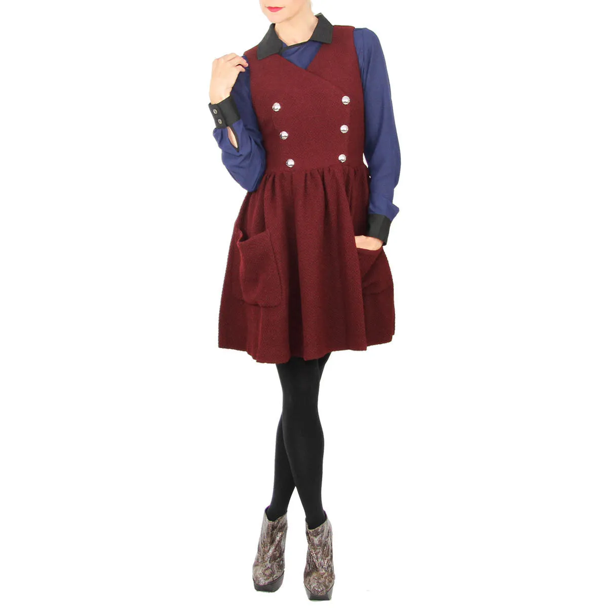 Oxblood Boucle Snap Front Jumper Dress