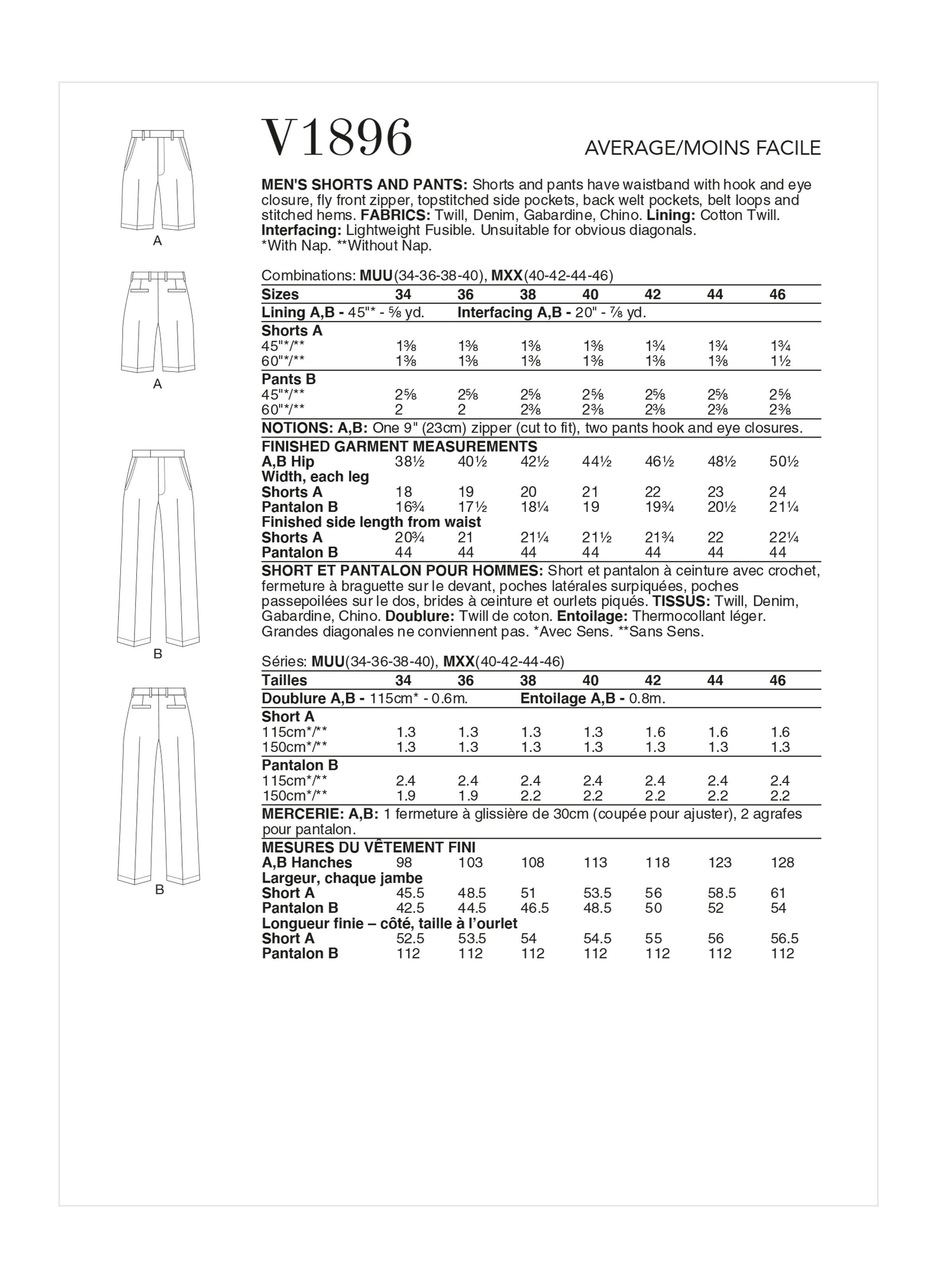 Pattern - Vogue - V1896 -  Men's Shorts and Pants