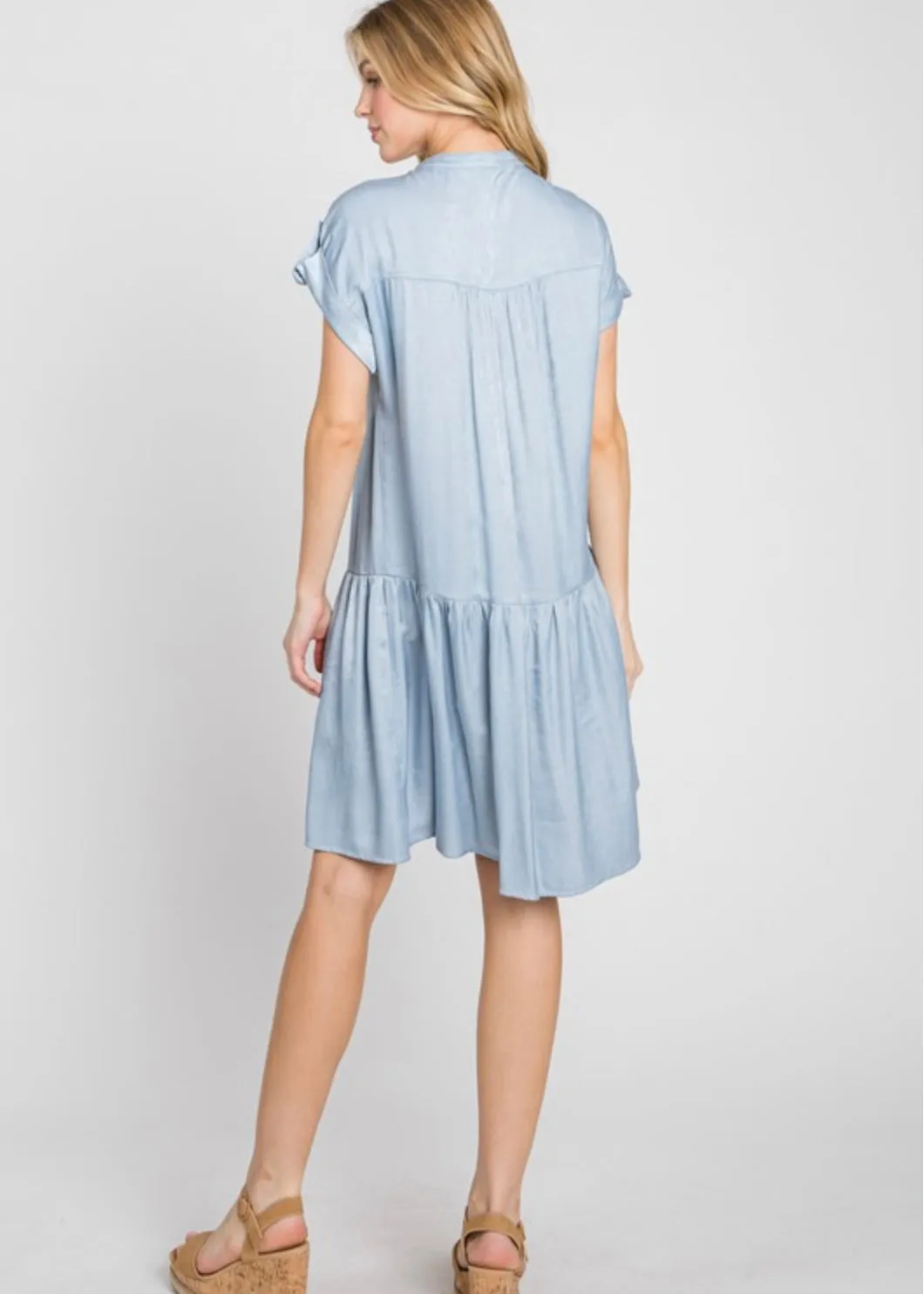 Ranunculus, Drop Waist, Womens Knee Length Shirt Dress, Wrinkle Resistant, Blue