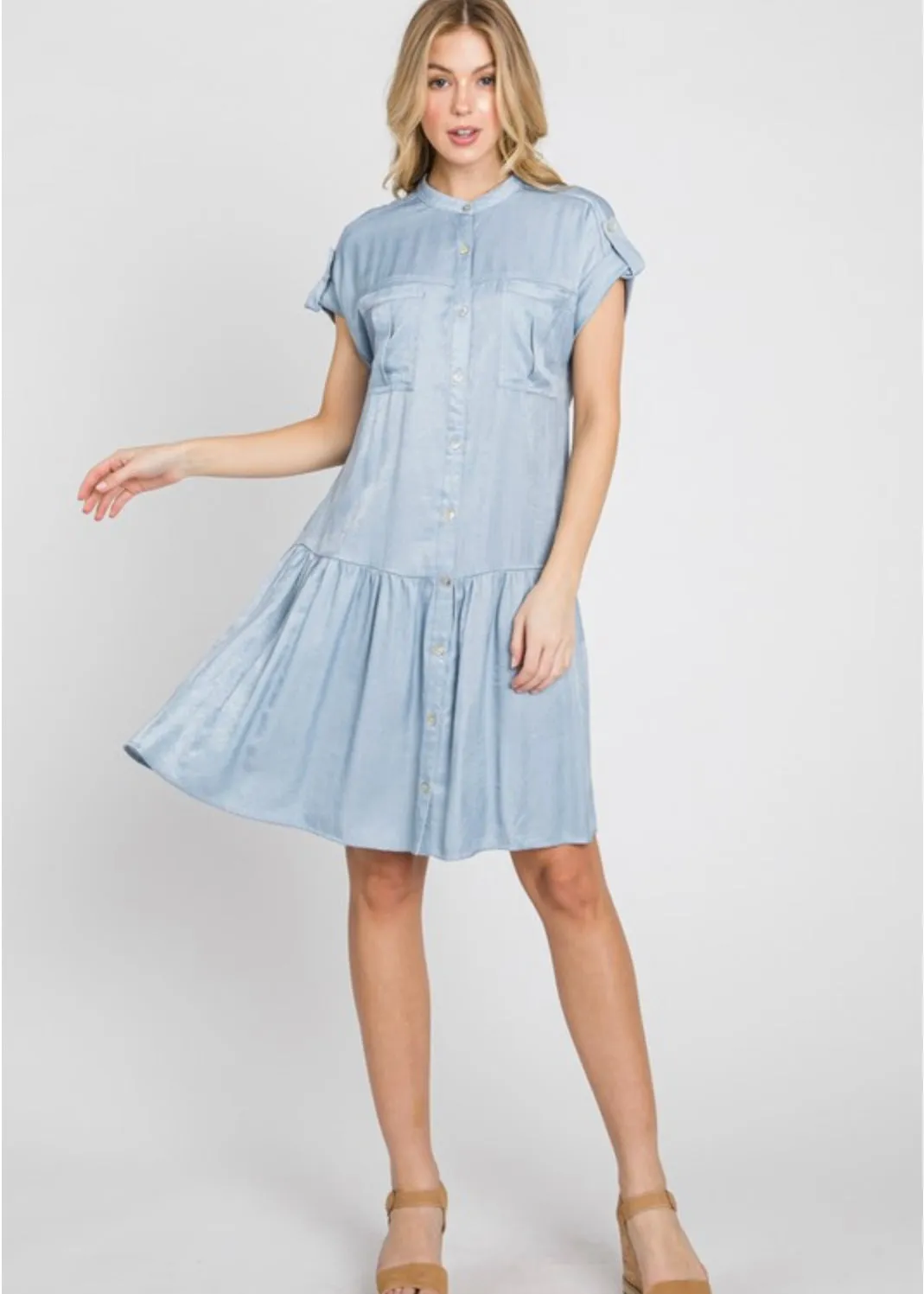 Ranunculus, Drop Waist, Womens Knee Length Shirt Dress, Wrinkle Resistant, Blue
