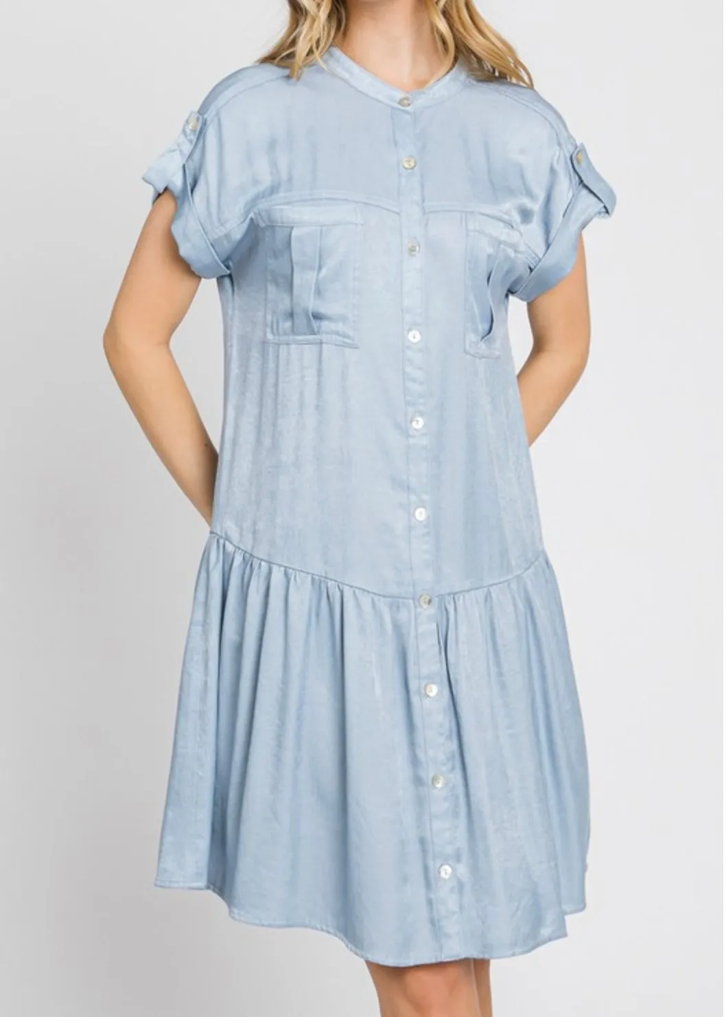 Ranunculus, Drop Waist, Womens Knee Length Shirt Dress, Wrinkle Resistant, Blue