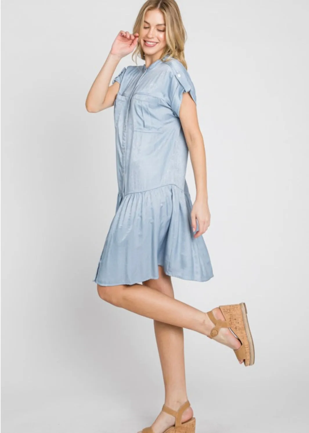 Ranunculus, Drop Waist, Womens Knee Length Shirt Dress, Wrinkle Resistant, Blue