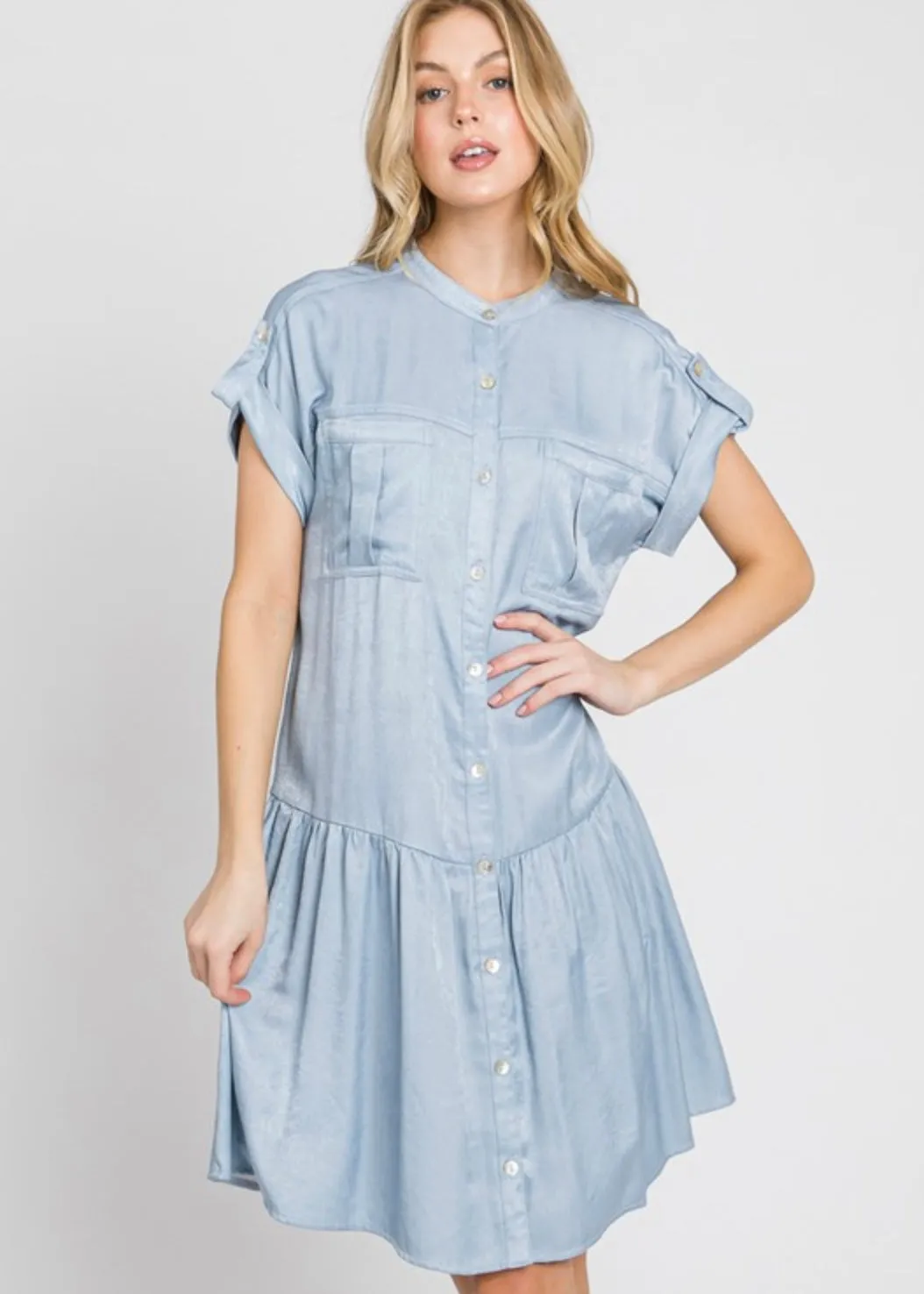 Ranunculus, Drop Waist, Womens Knee Length Shirt Dress, Wrinkle Resistant, Blue