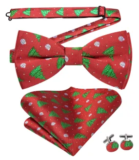 Red Green Christmas Tree Pre-tied Bow Tie Hanky Cufflinks Set