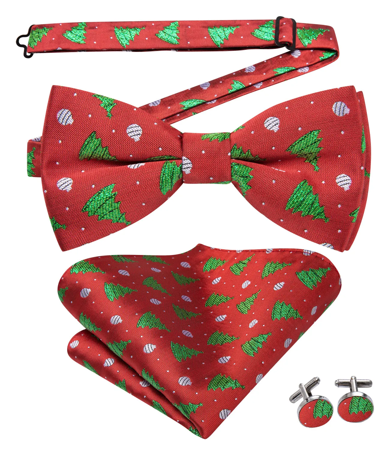 Red Green Christmas Tree Pre-tied Bow Tie Hanky Cufflinks Set