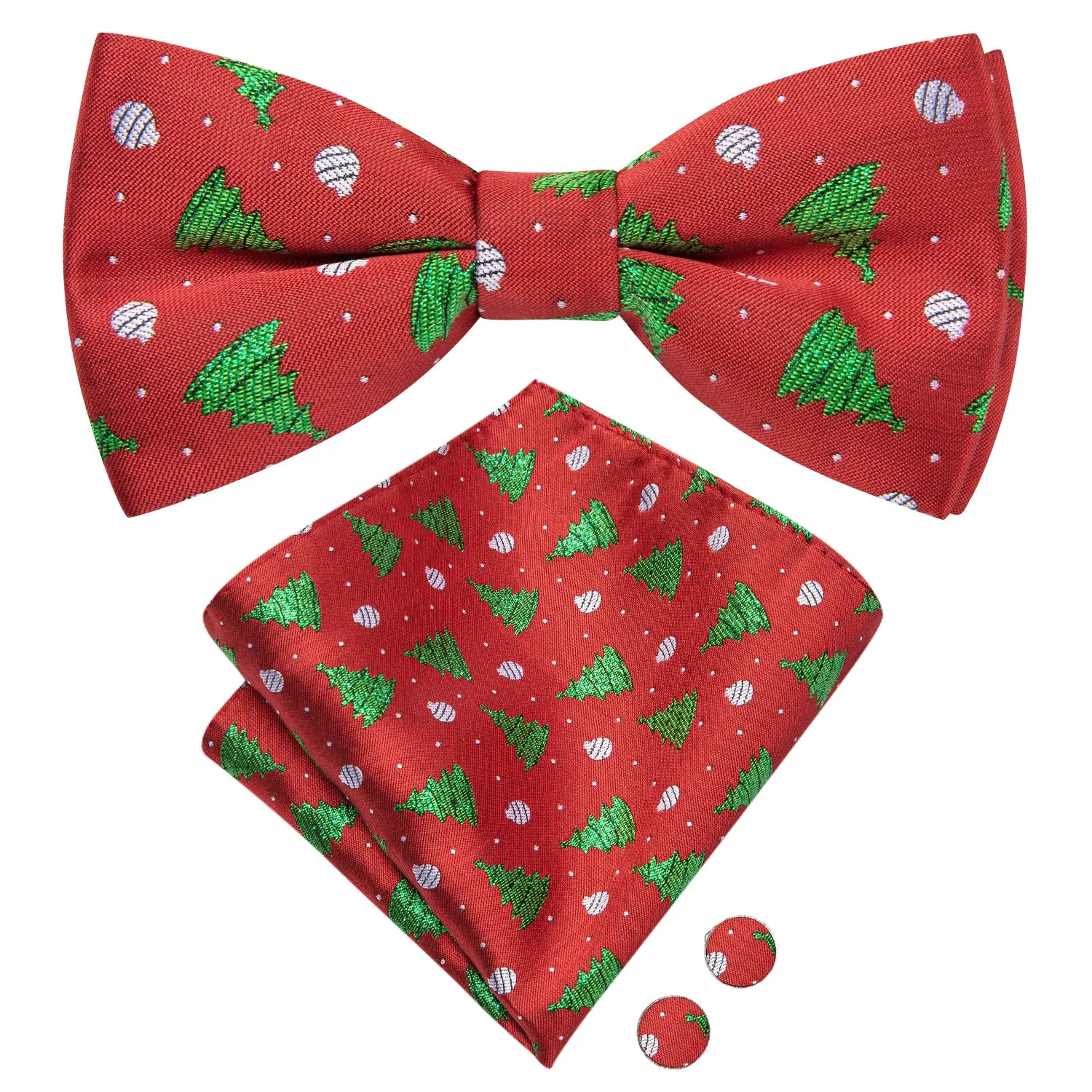 Red Green Christmas Tree Pre-tied Bow Tie Hanky Cufflinks Set