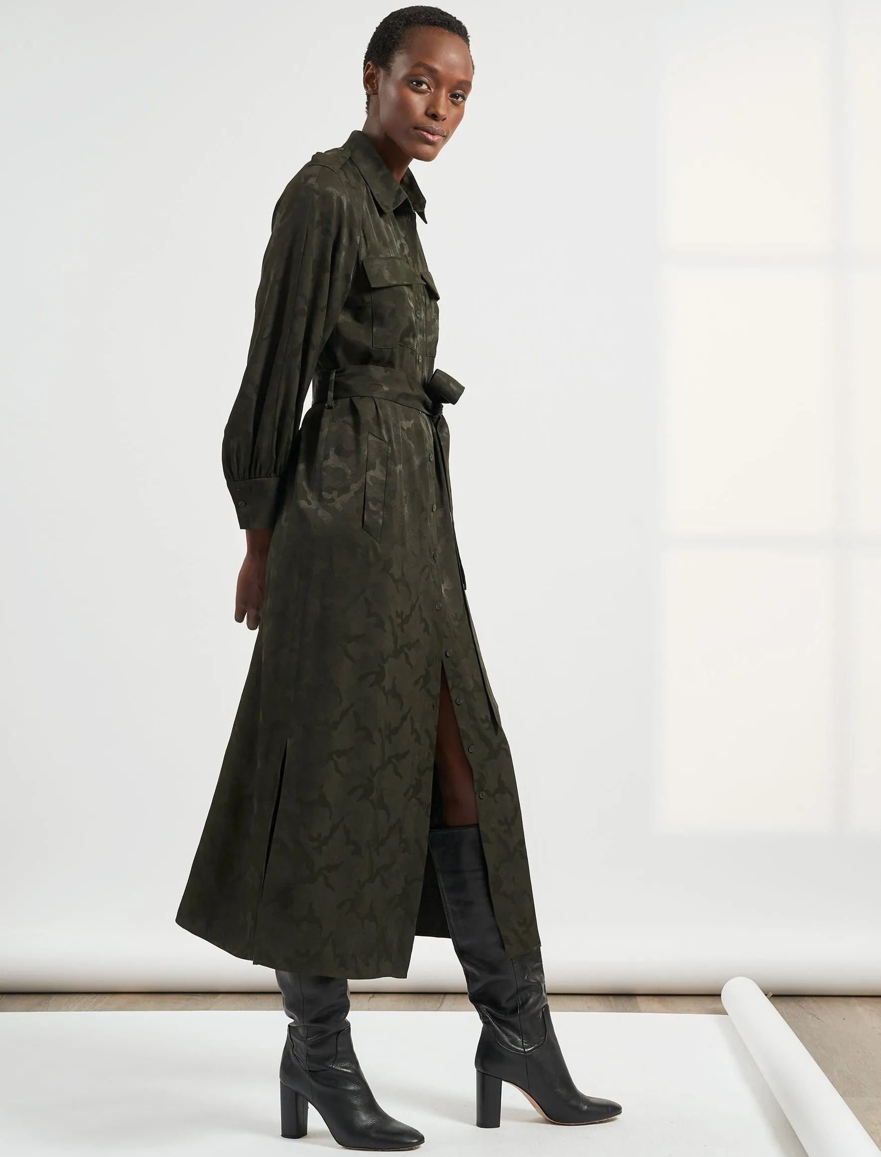 Robyn Pocket Detail Maxi Length Shirt Dress - Khaki Camo Jacquard