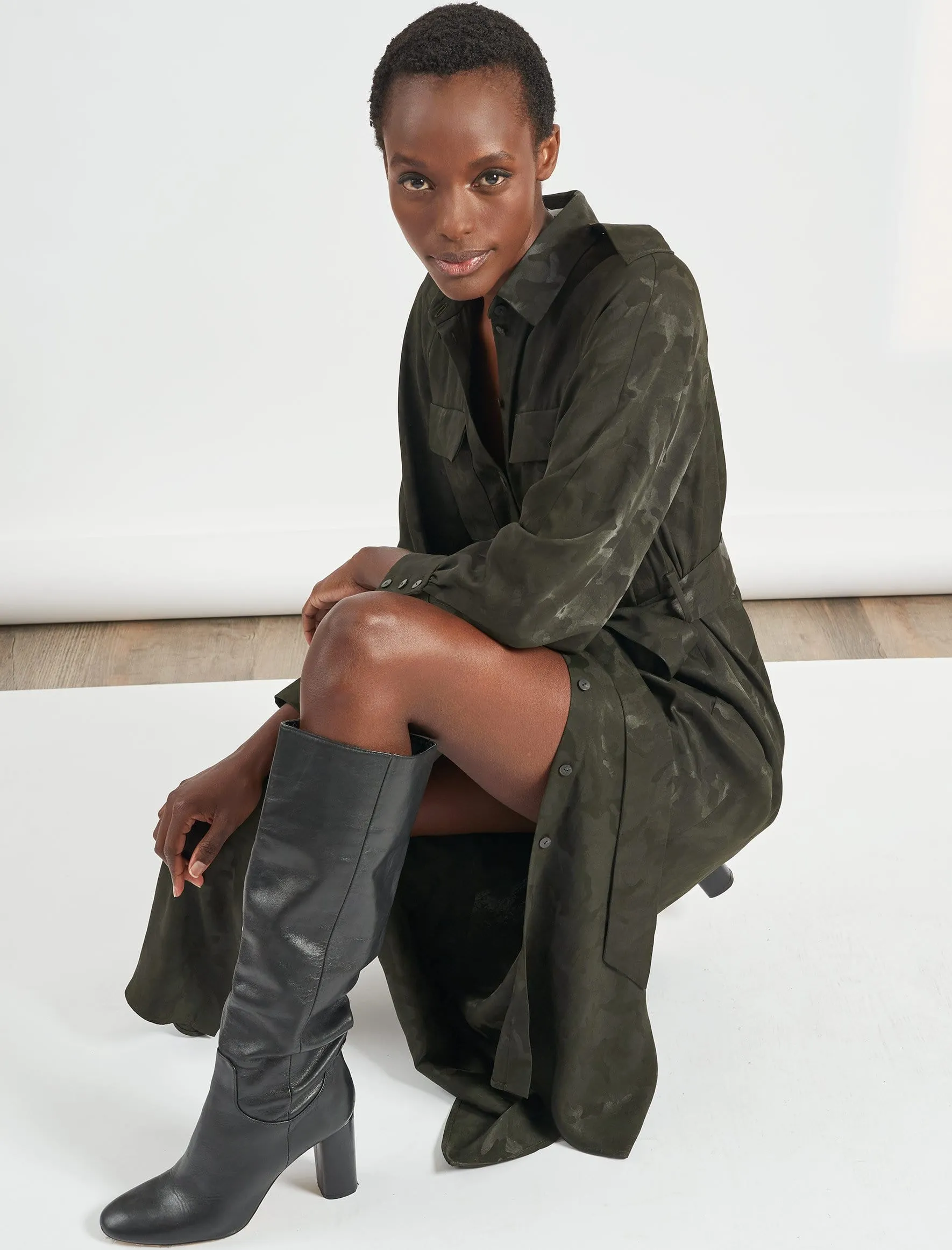 Robyn Pocket Detail Maxi Length Shirt Dress - Khaki Camo Jacquard