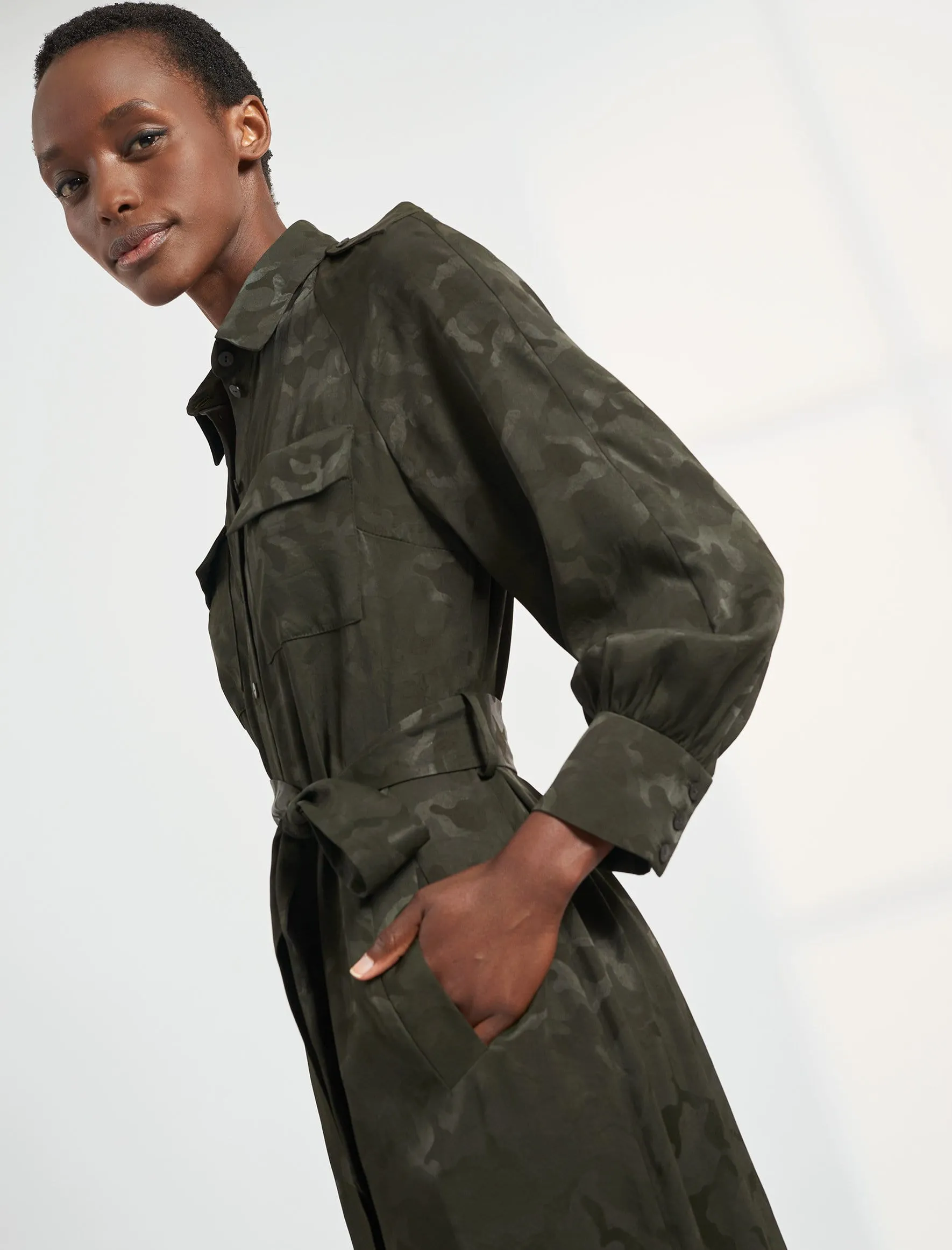 Robyn Pocket Detail Maxi Length Shirt Dress - Khaki Camo Jacquard