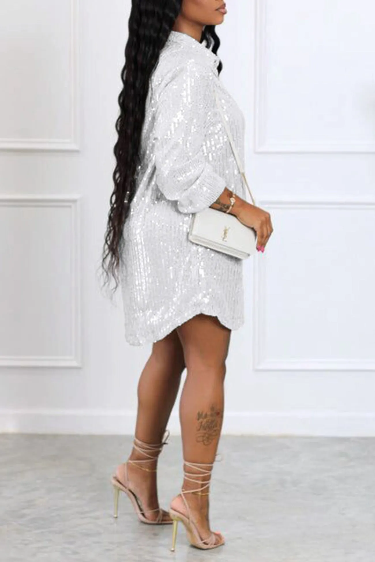 Sequins Solid Shirt Dress