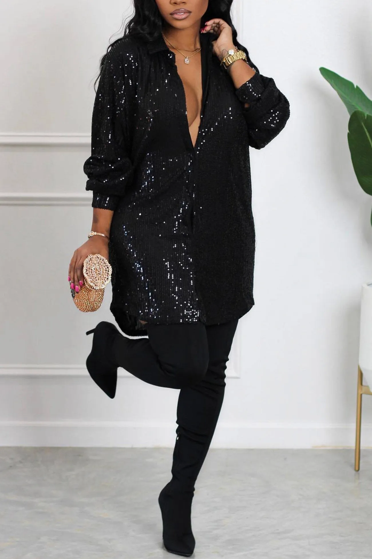 Sequins Solid Shirt Dress