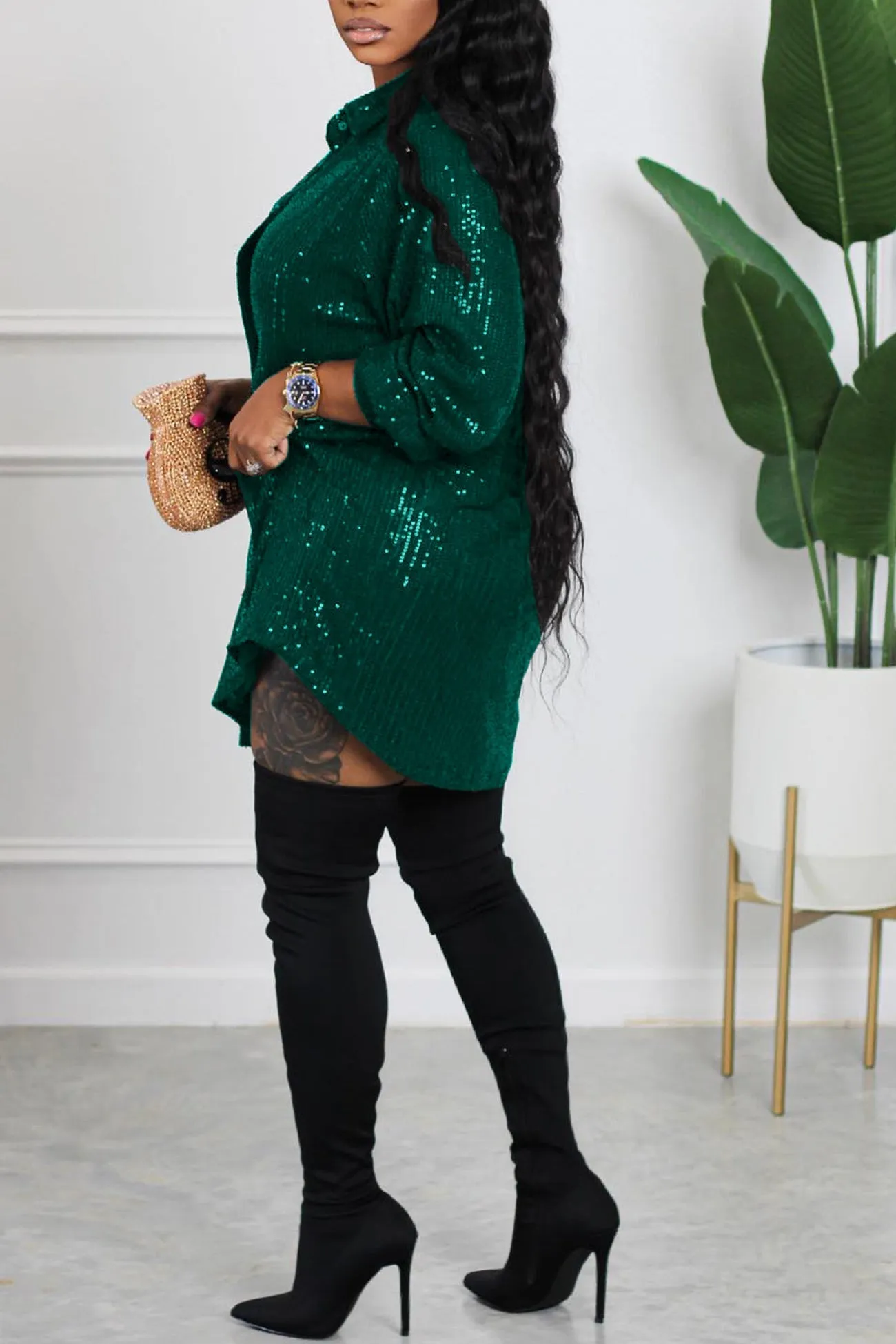 Sequins Solid Shirt Dress