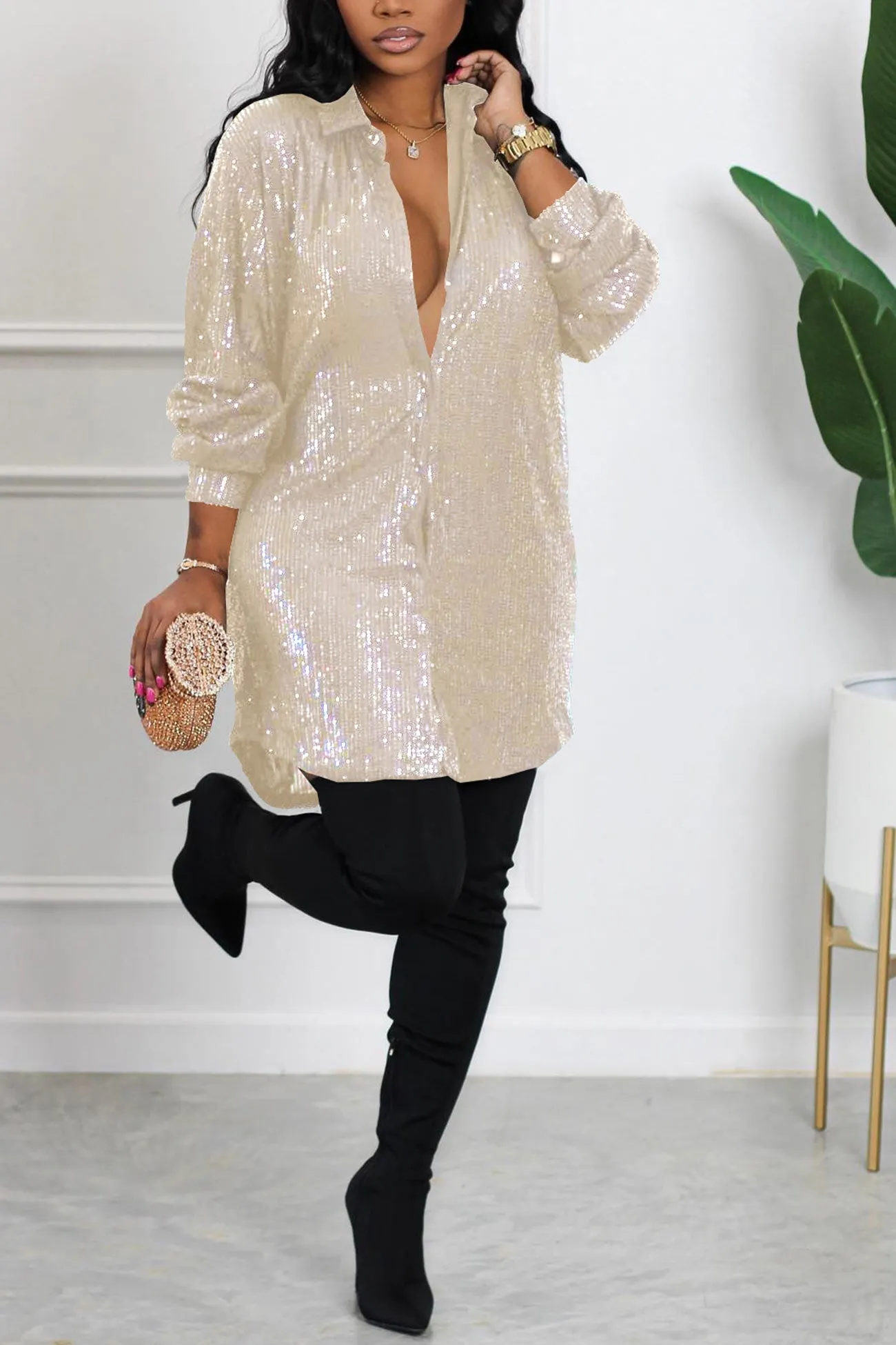 Sequins Solid Shirt Dress