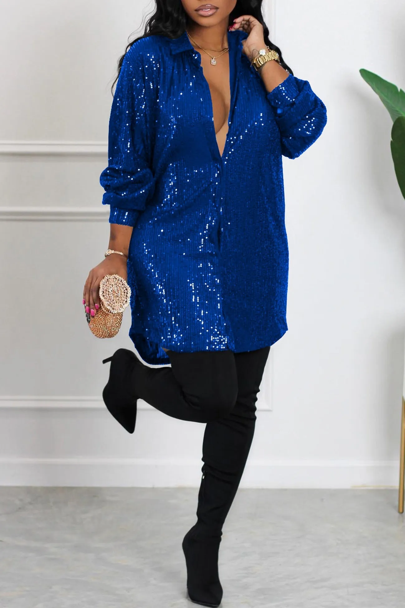 Sequins Solid Shirt Dress