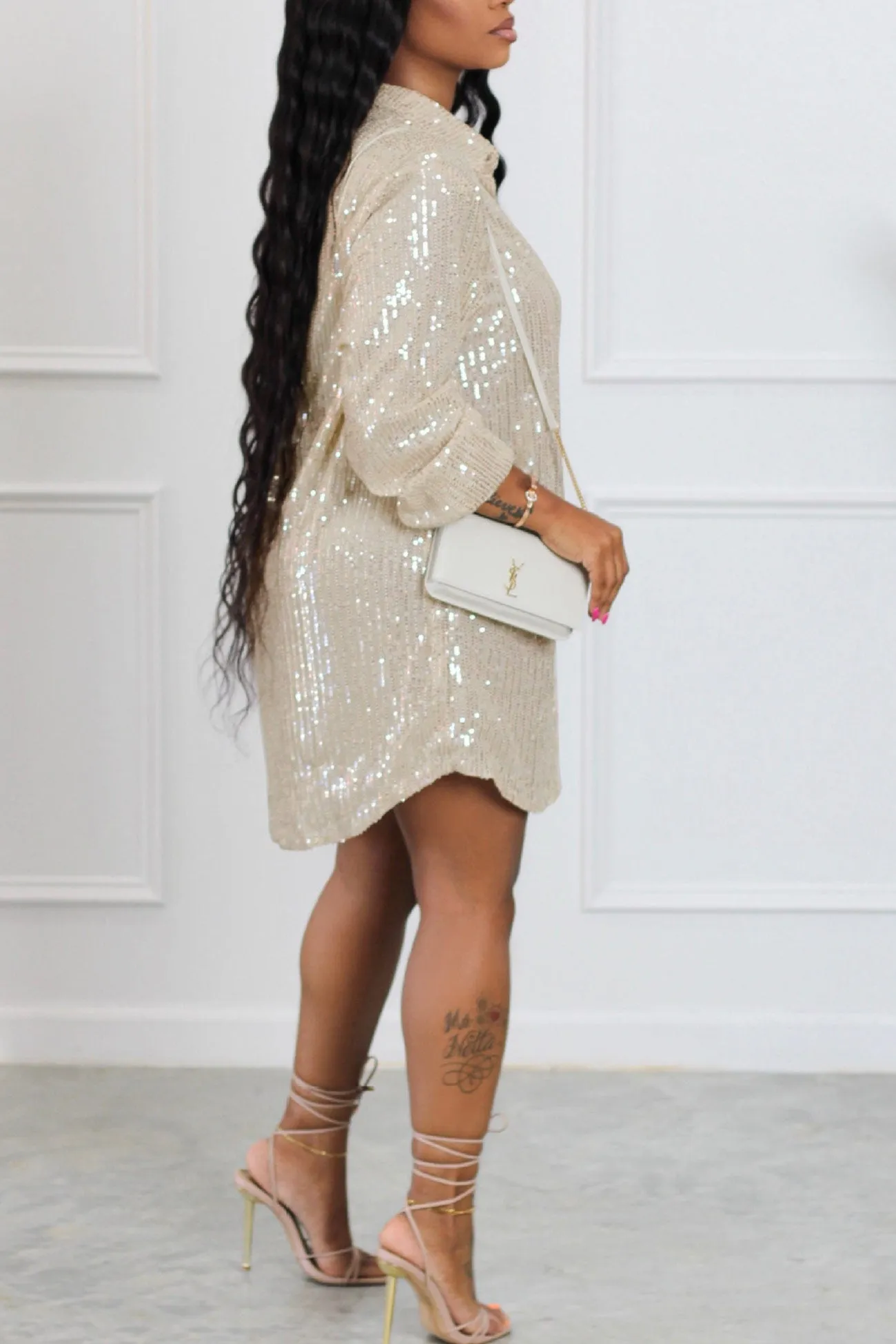 Sequins Solid Shirt Dress
