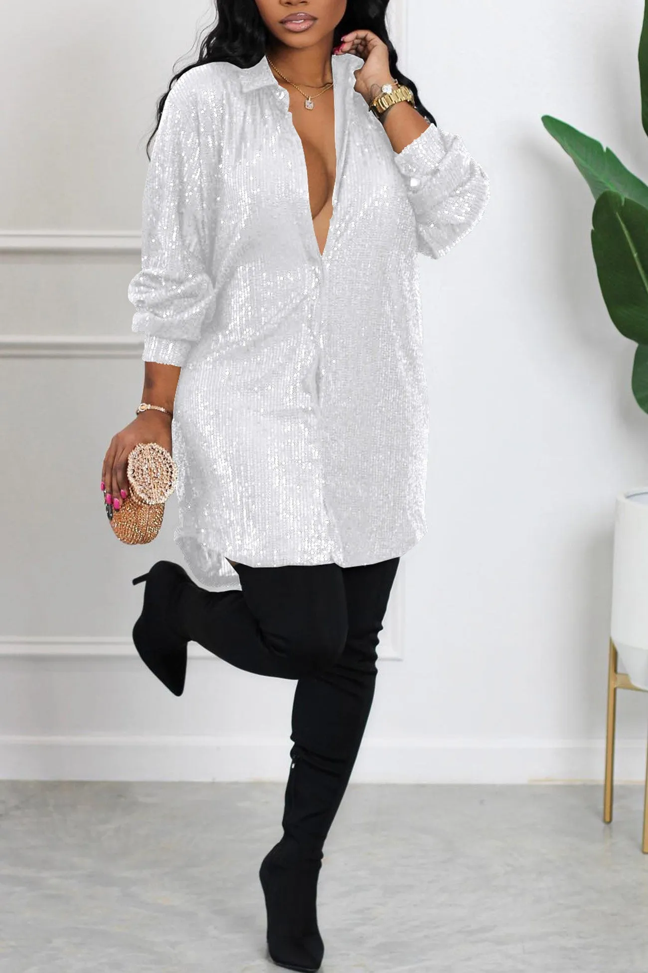 Sequins Solid Shirt Dress