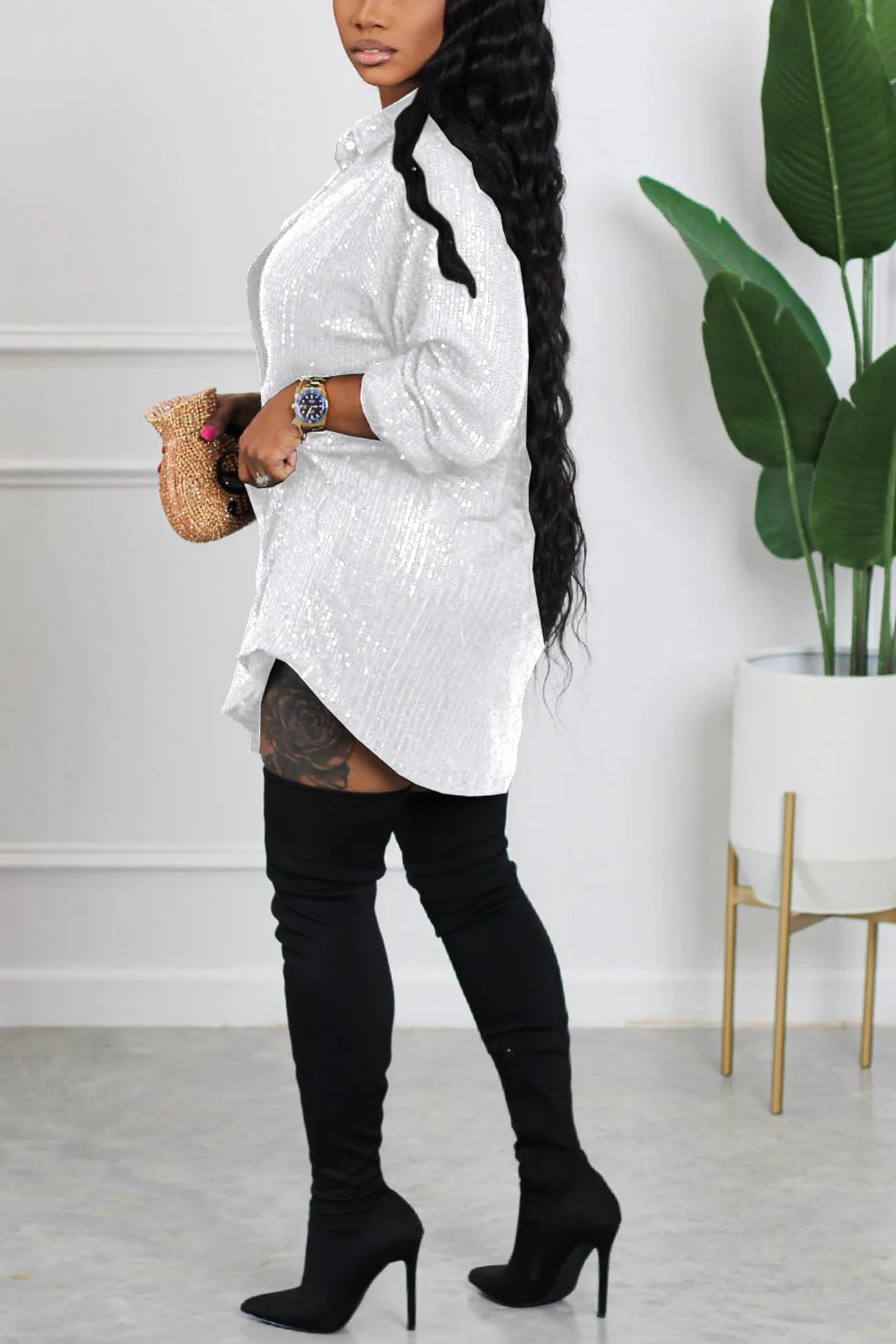 Sequins Solid Shirt Dress
