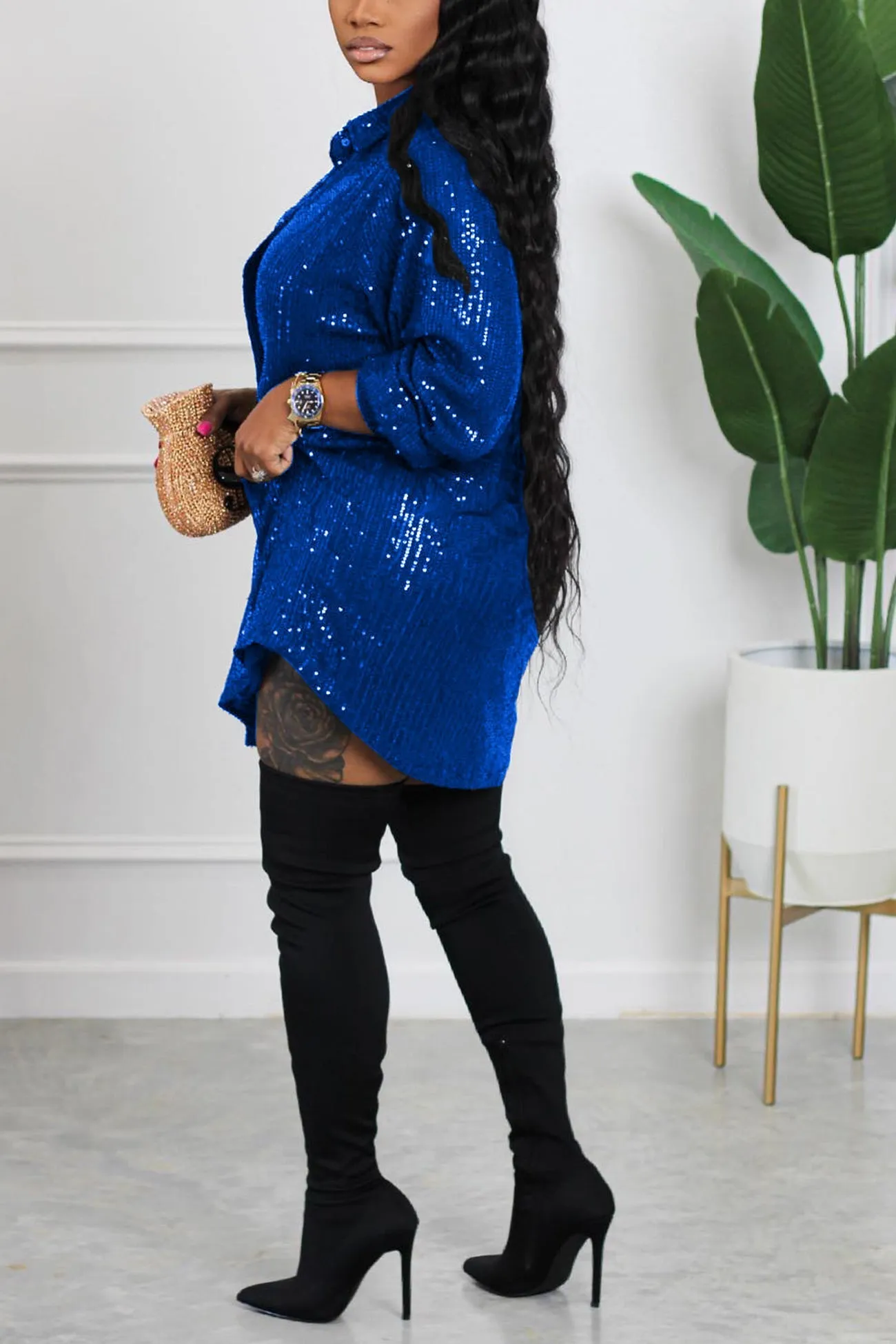 Sequins Solid Shirt Dress