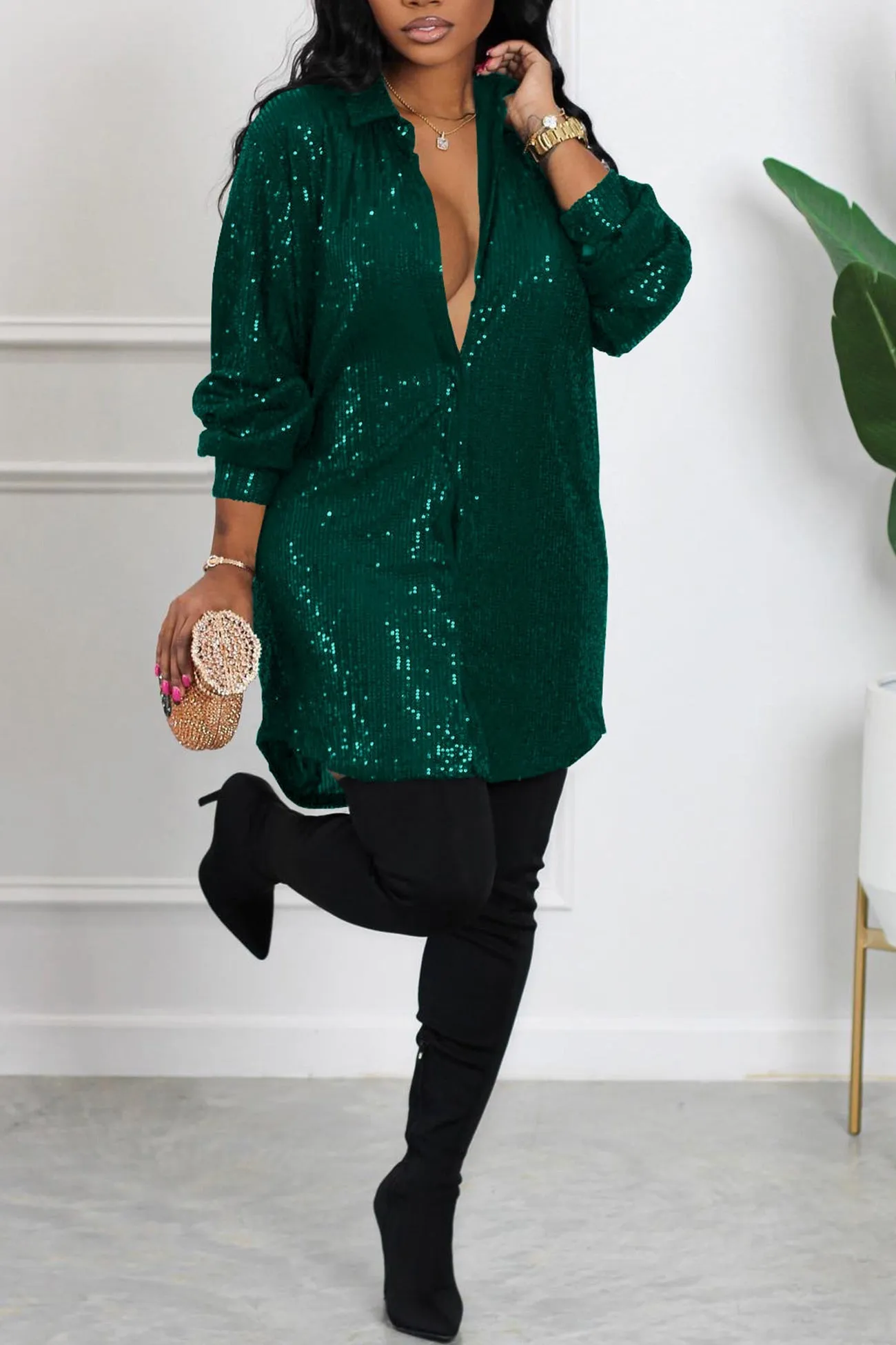 Sequins Solid Shirt Dress