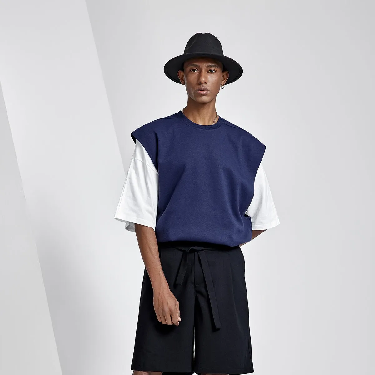 Side Zipper Oversized Cut Off Navy Sports Tank Top