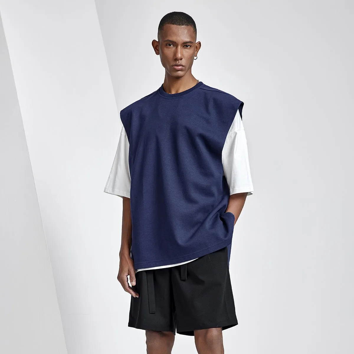 Side Zipper Oversized Cut Off Navy Sports Tank Top