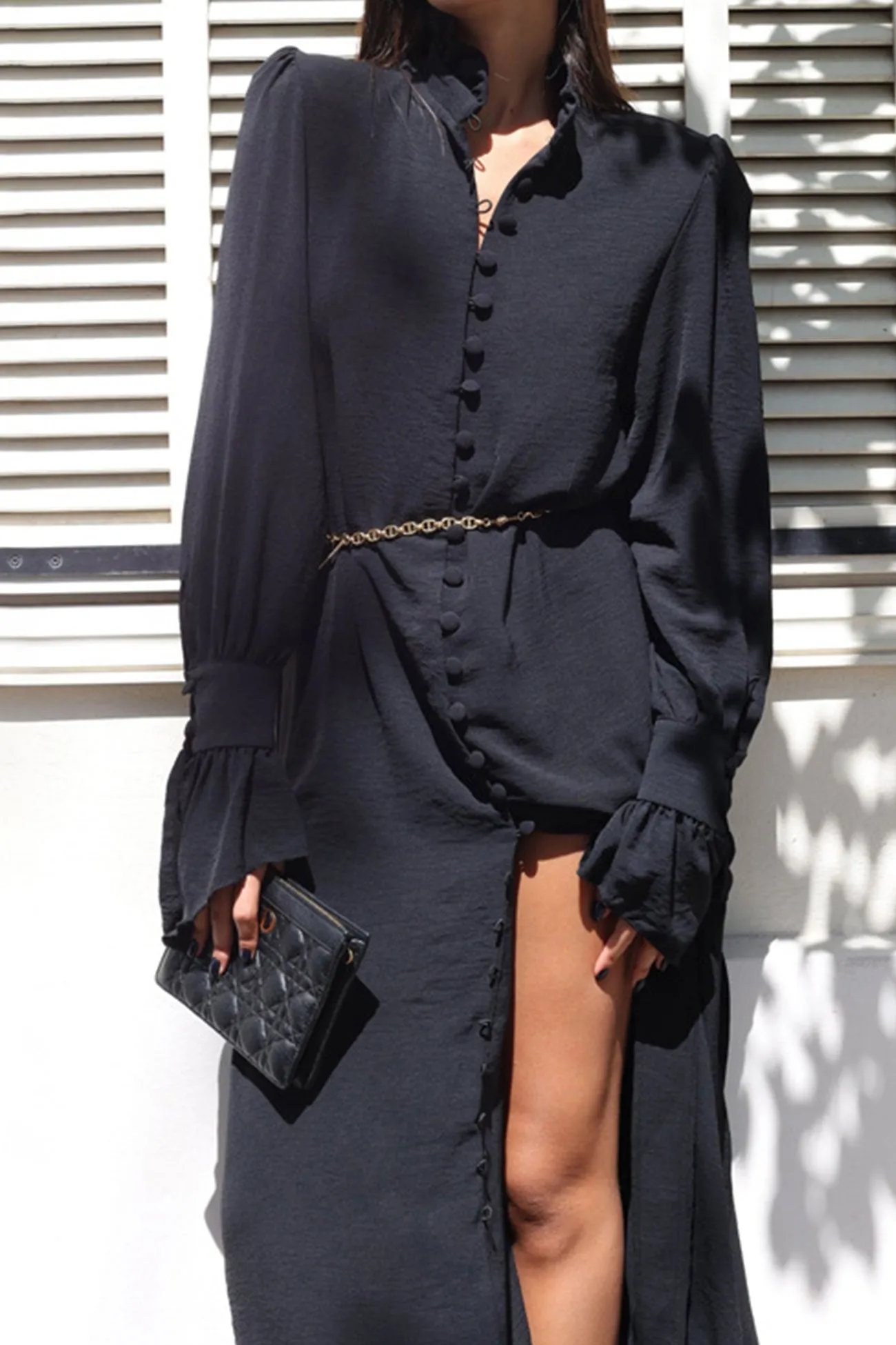 Stand Neck Single-breasted Shirt Dress