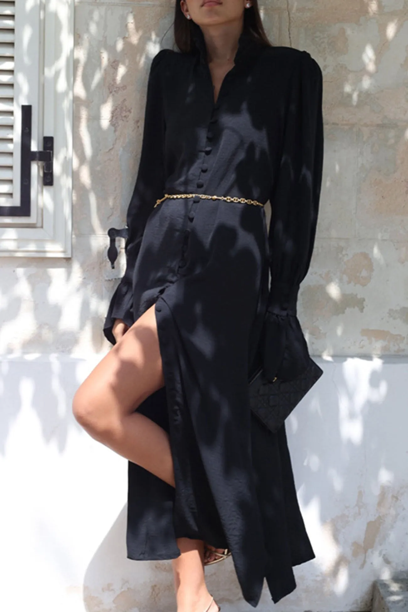 Stand Neck Single-breasted Shirt Dress