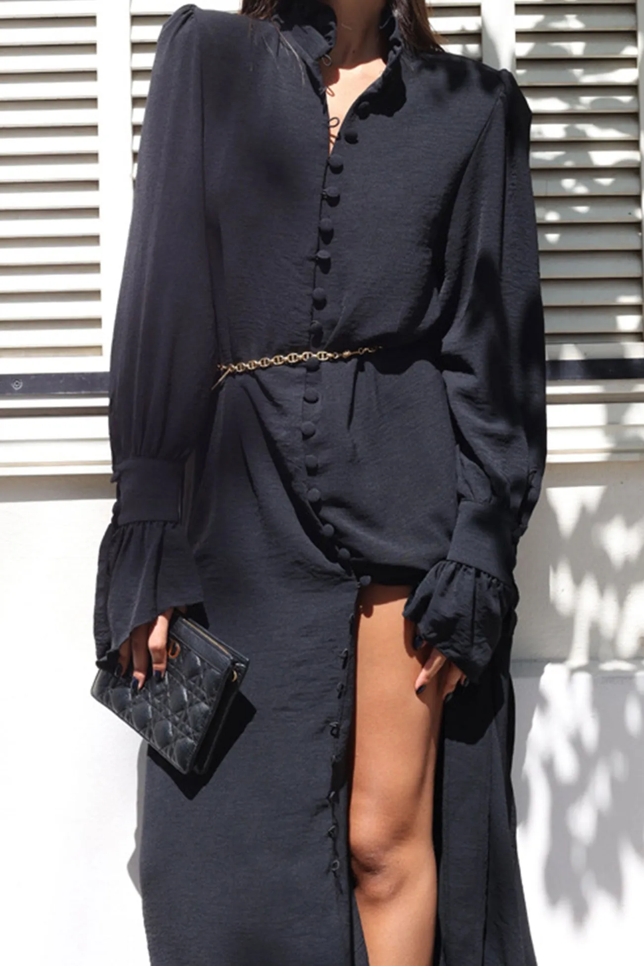 Stand Neck Single-breasted Shirt Dress