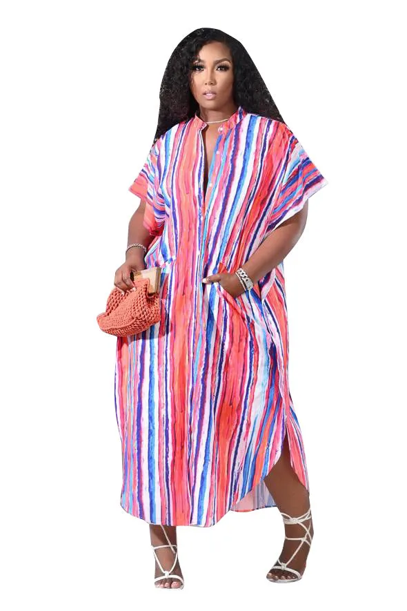 Striped Short Sleeve Button Down Baggy Shirt Long Dress