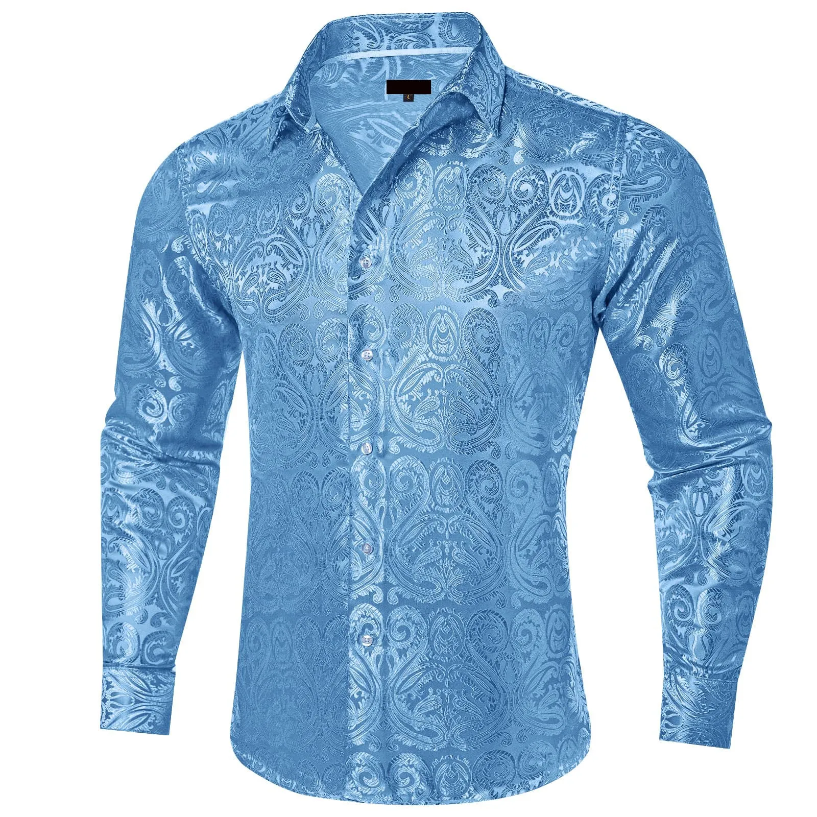 Ties2you Dress Shirt Celestial Blue Paisley Long Sleeve Button Up Silk Mens Shirt
