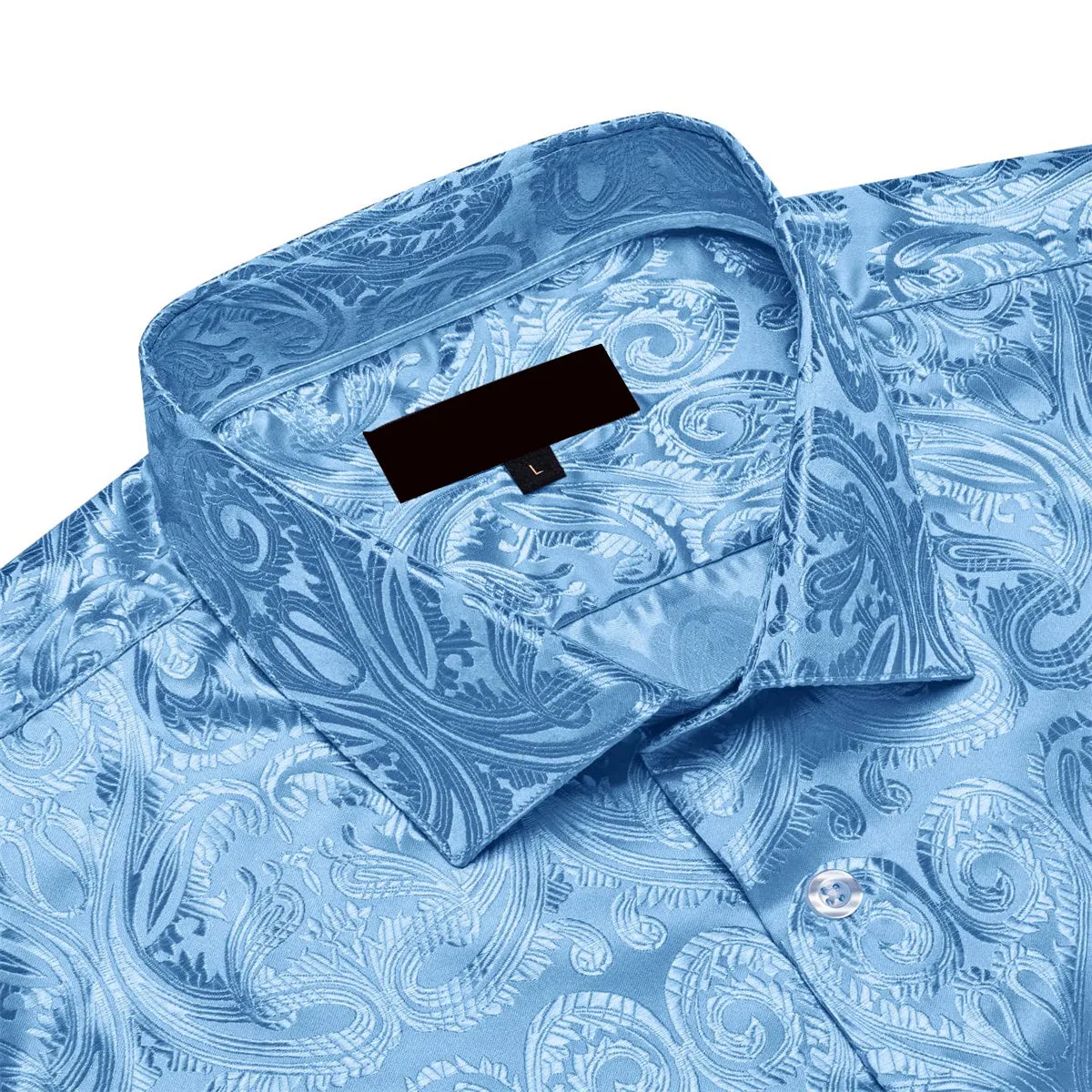 Ties2you Dress Shirt Celestial Blue Paisley Long Sleeve Button Up Silk Mens Shirt