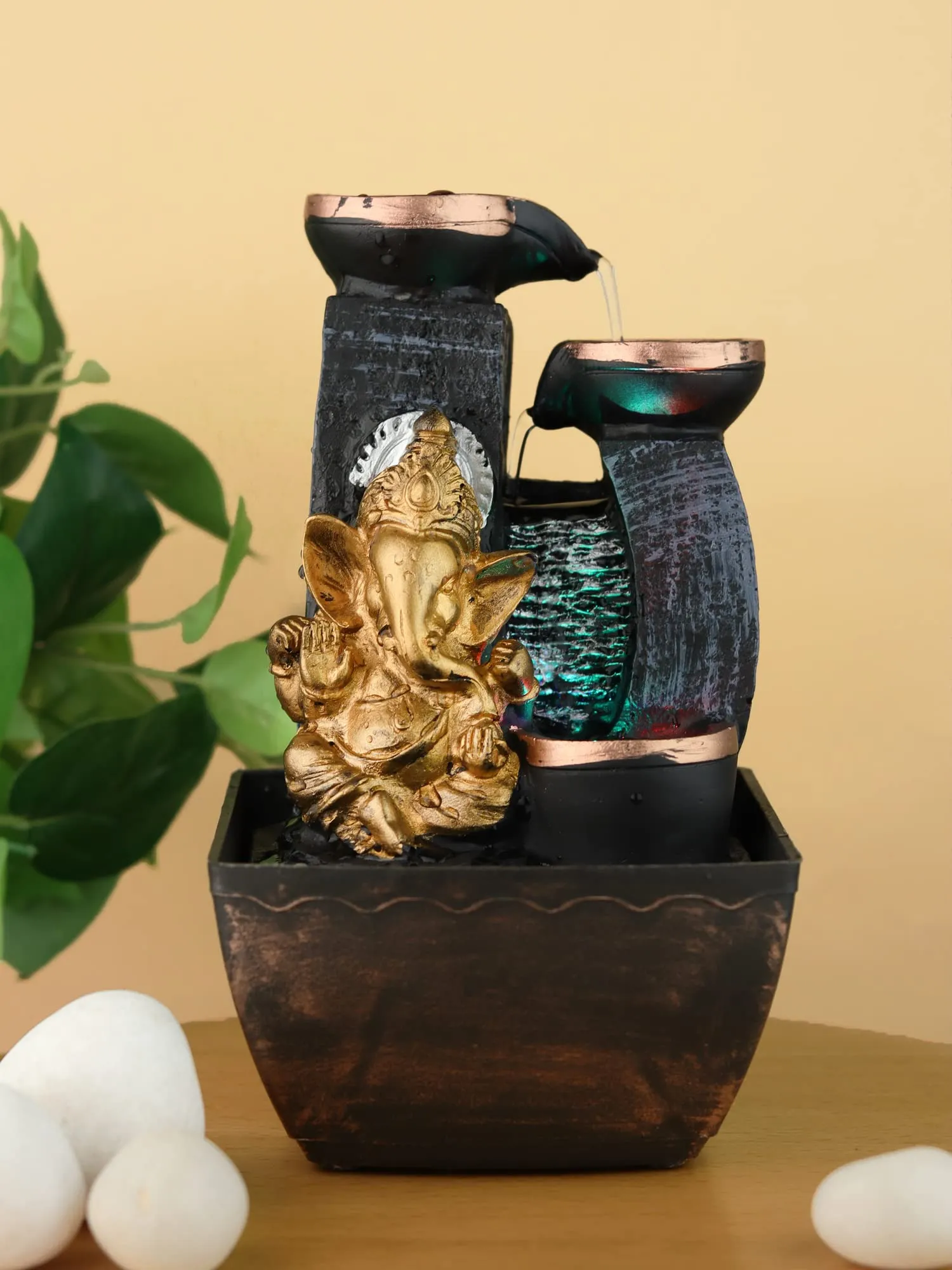 VIVARS Lord Ganesha Tabletop Polyresin Indoor Water Fountain with LED Light for Home Decor Decoration Showpiece Gift